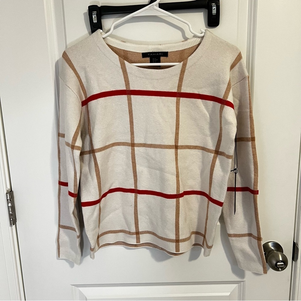 Tahari Sweater Crew Neck Long Sleeve Cream Tan Red‎ Plaid Womens Size XS NWT